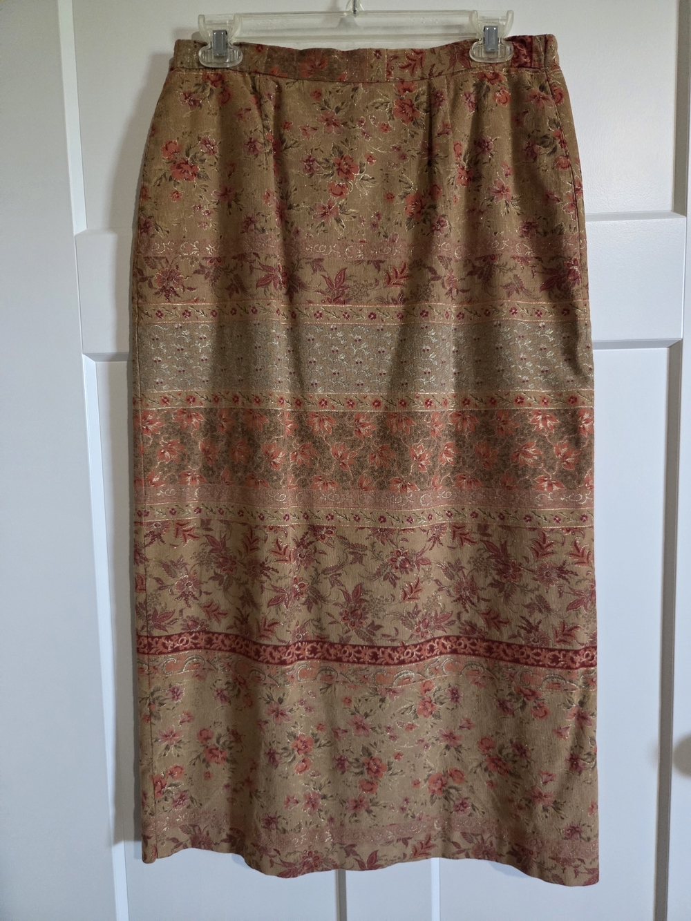Orvis Tan Midi Skirt with Pink Floral Jacquard